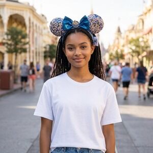 Disney Minnie Mouse Ear Headband Blue Passholder Sequin Bow NWT